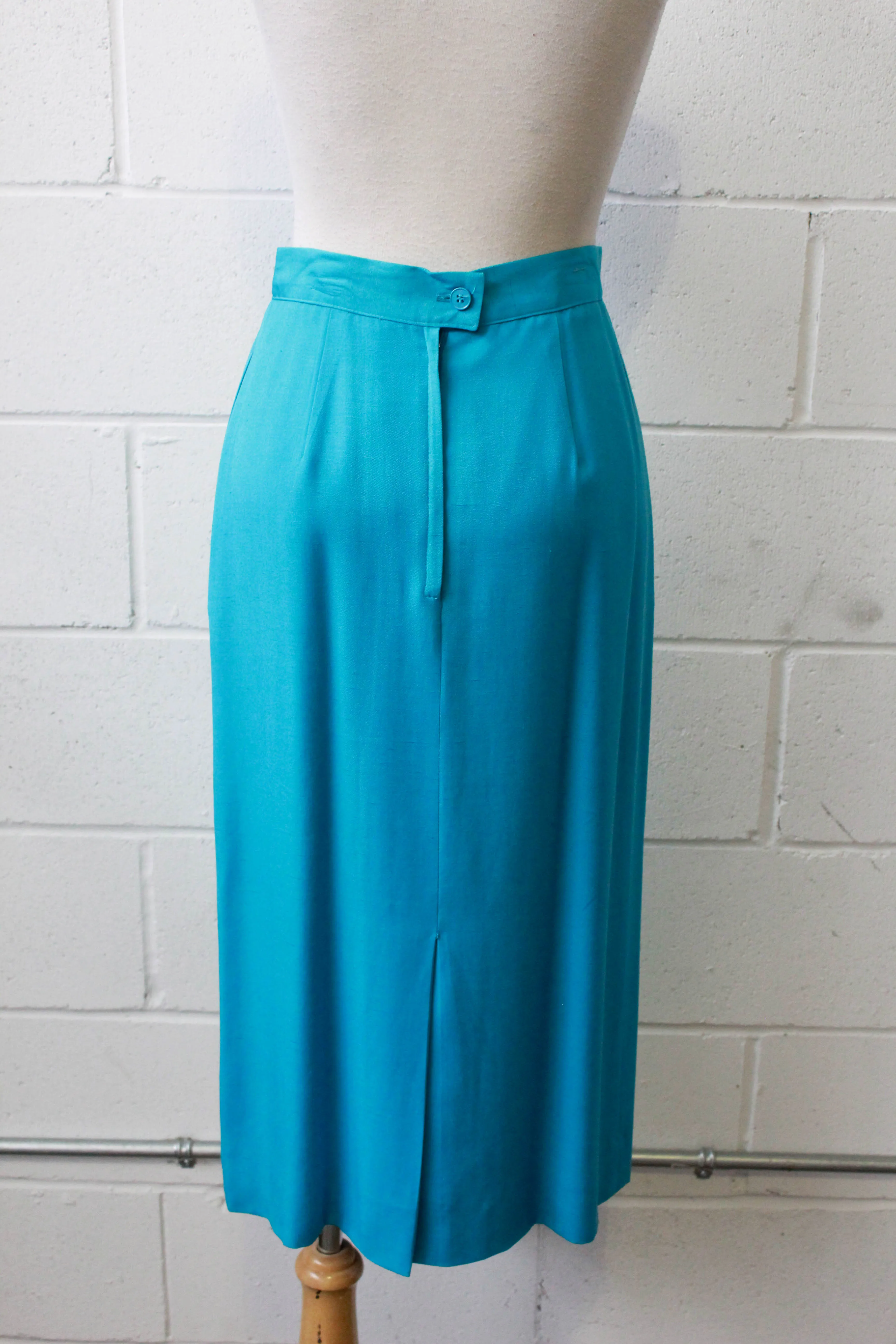 1980s Turquoise Pencil Skirt with Pleat Detail, Waist 26"