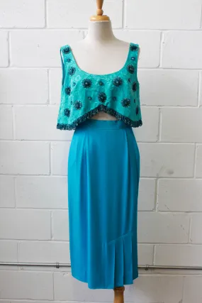 1980s Turquoise Pencil Skirt with Pleat Detail, Waist 26"