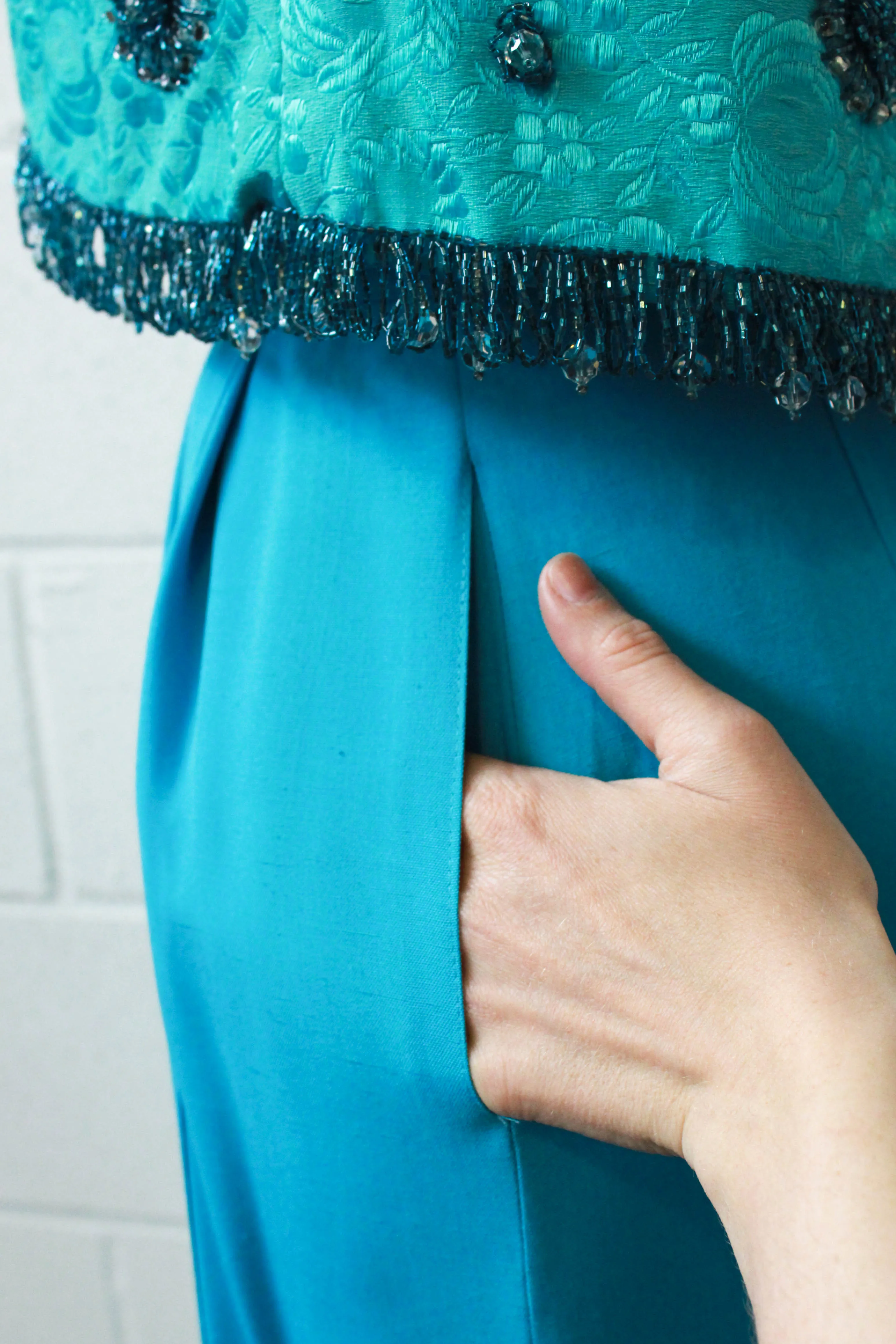 1980s Turquoise Pencil Skirt with Pleat Detail, Waist 26"