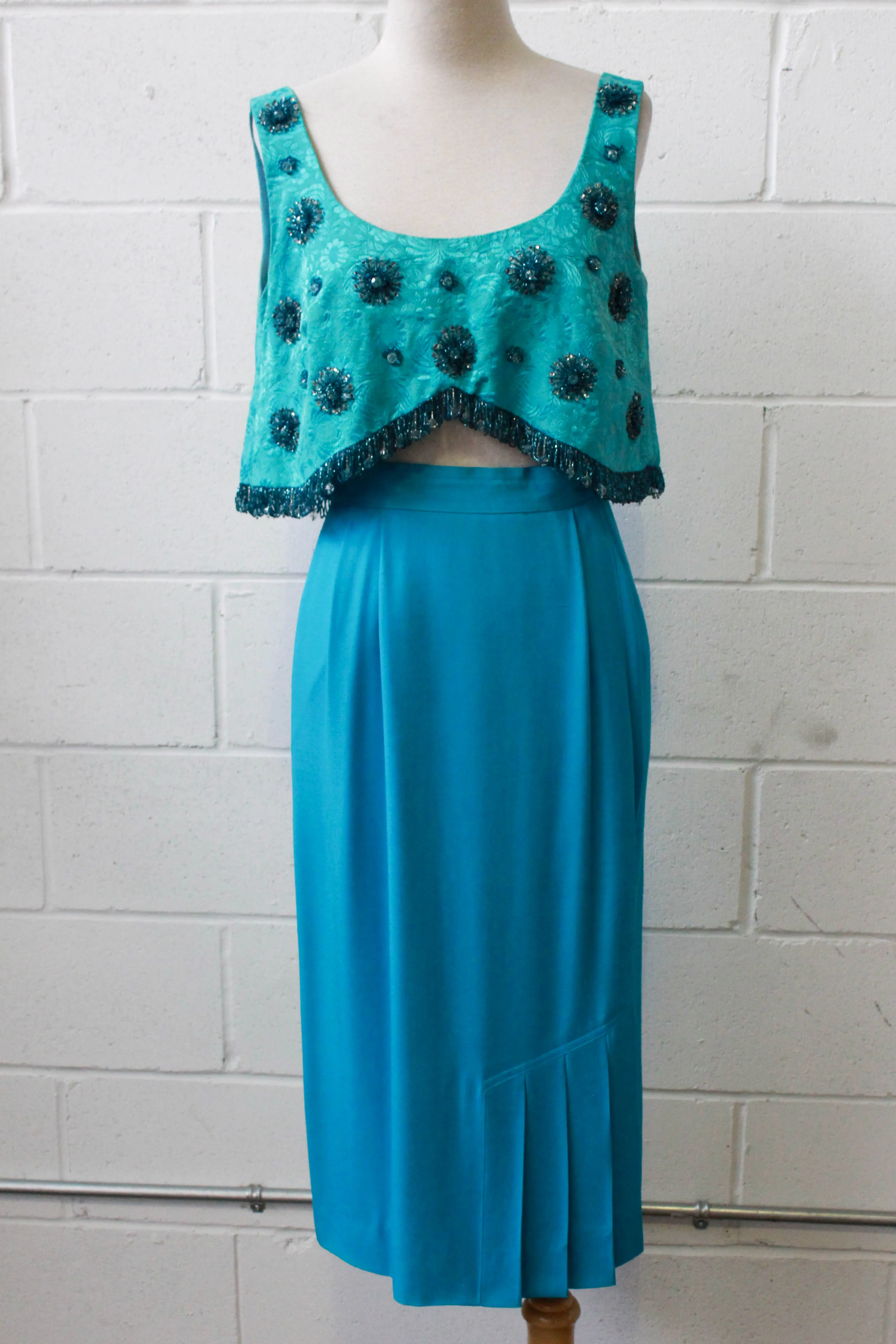 1980s Turquoise Pencil Skirt with Pleat Detail, Waist 26"