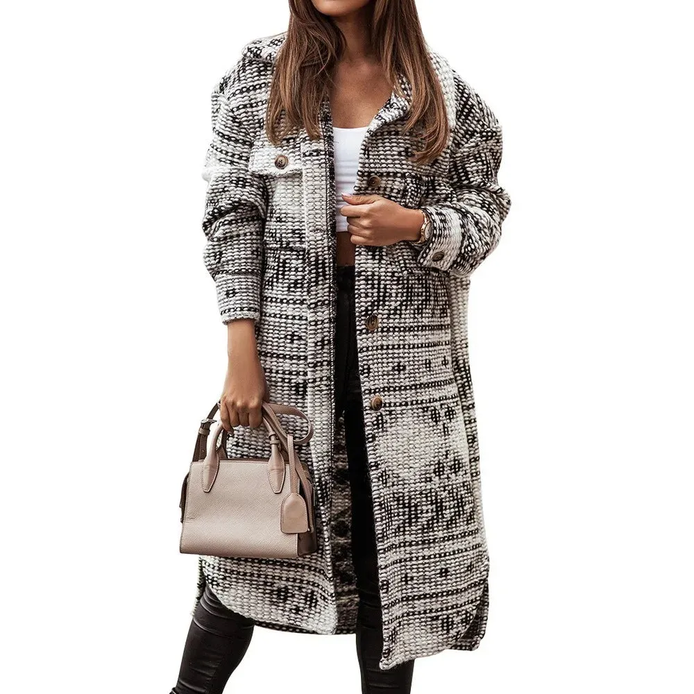 2024 Winter Women Jacket Turn Down Thin Plaid Long Oversize Thin Retro Female Streetwear Coat