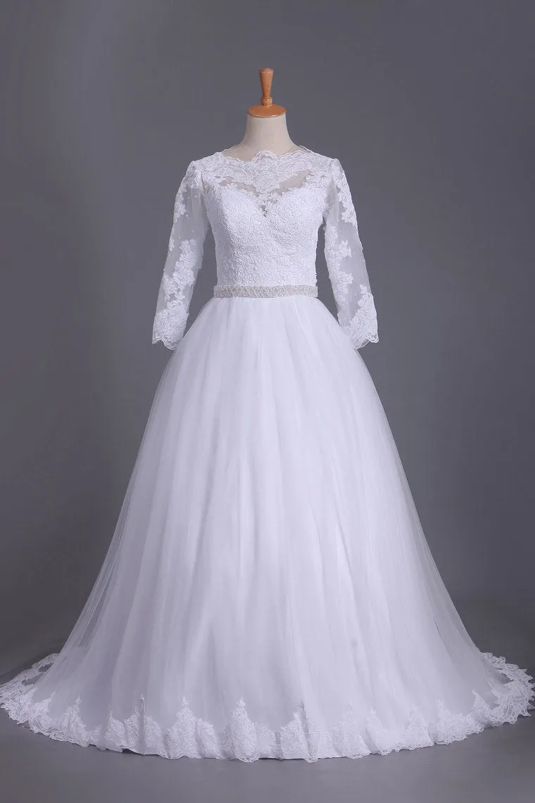 3/4 Length Sleeve Bateau Wedding Dresses Tulle With Applique Court Train