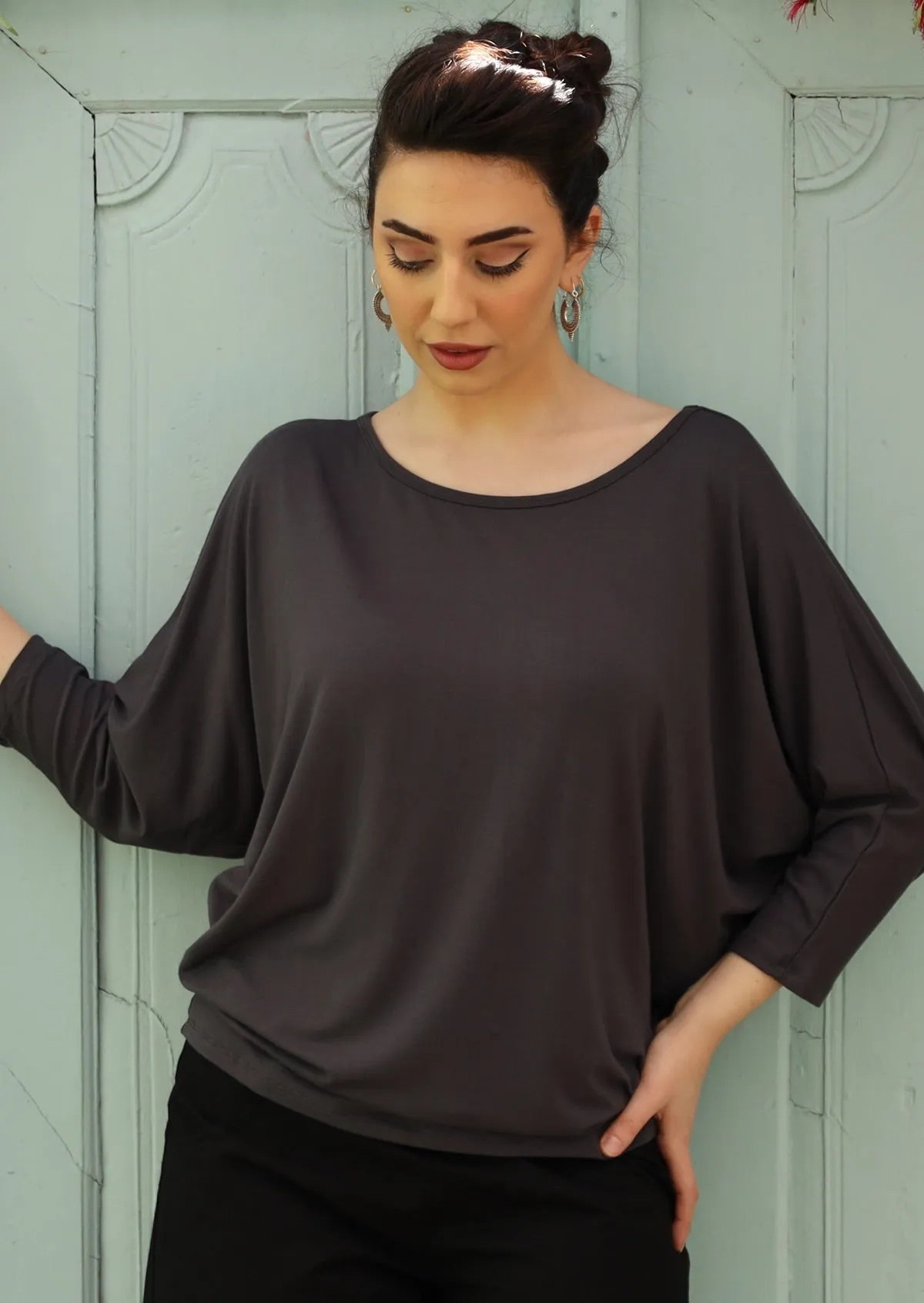 3/4 Sleeve Batwing Top Dark Grey