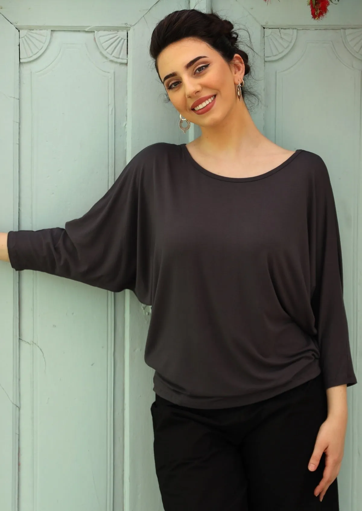 3/4 Sleeve Batwing Top Dark Grey