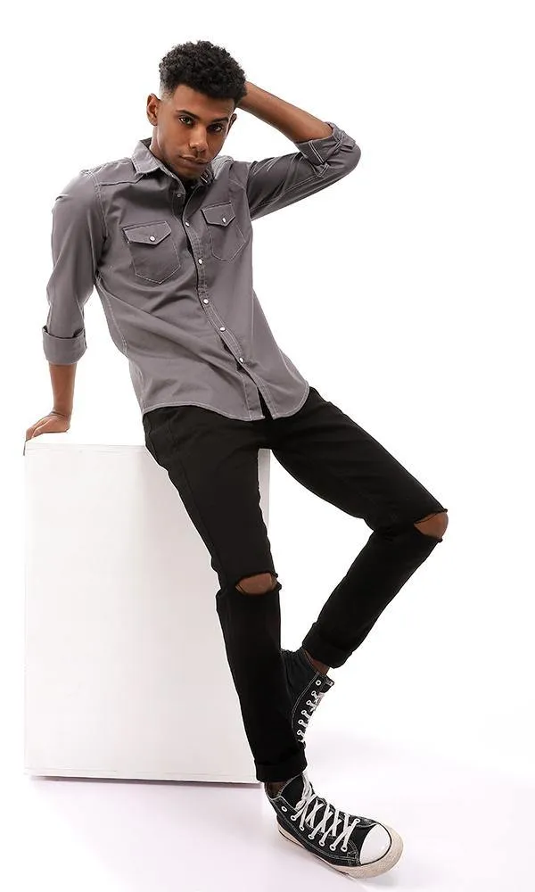 57844 Full Buttoned Cotton Shirt - Dark Grey