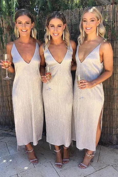 A Line Ankle Length Deep V Neck Bridesmaid Dresses With Side Slit Wedding Party Dress