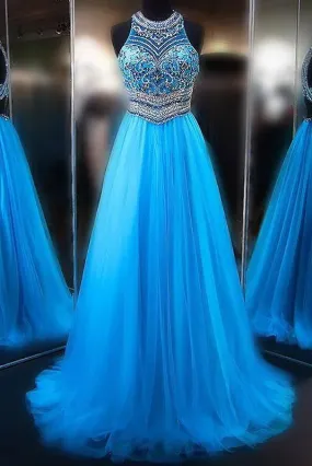 A line Blue Tulle Halter Beads Open Back Prom Dresses Long Evening Dresses JS579