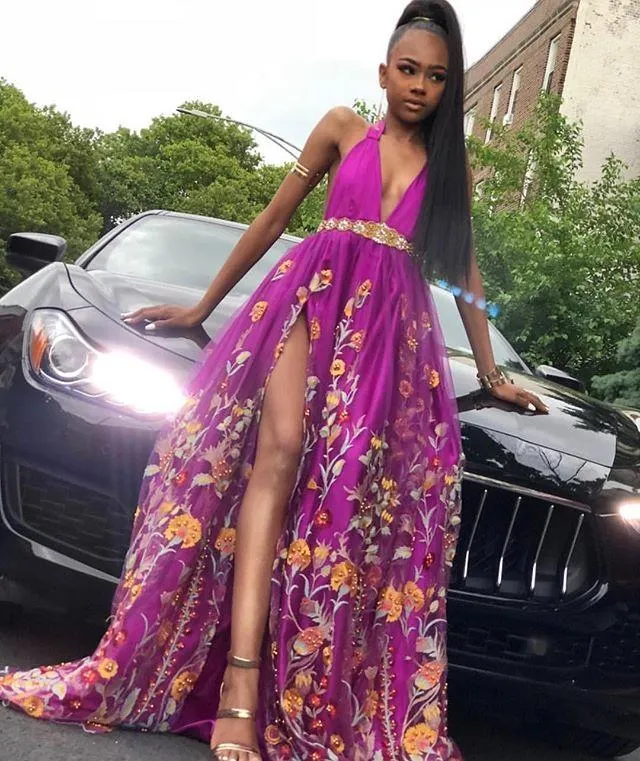 A Line Deep V Neck High Slit Purple Tulle Prom Dresses Long Evening Dresses uk JS348