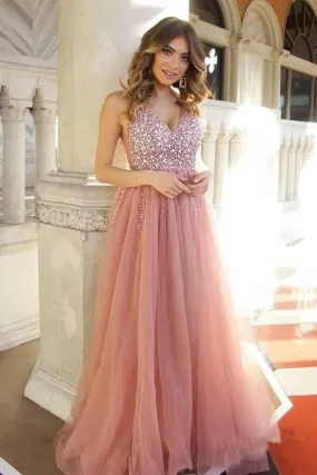 A Line Dusty Rose Long Tulle Prom Dresses Sequins Shiny Bodice V Neck Formal Dress JS425