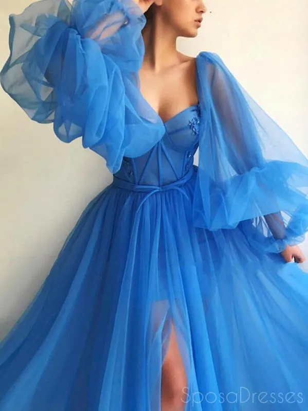 A-line Tulle Long Sleeves Blue Long Prom Dresses, Sweet 16 Prom Dresses, 12439