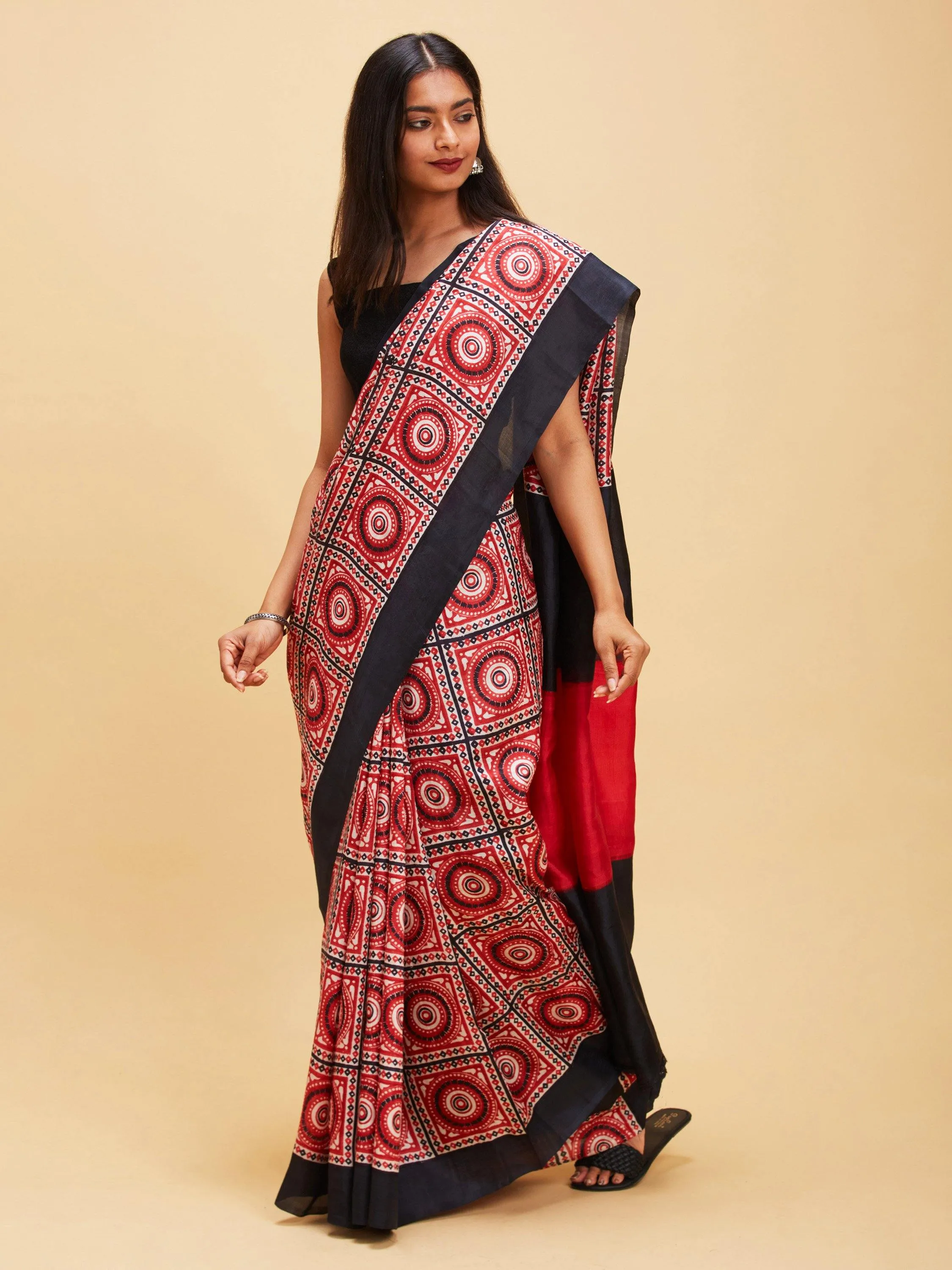 Ajrakh Black and Red Pure Silk Saree