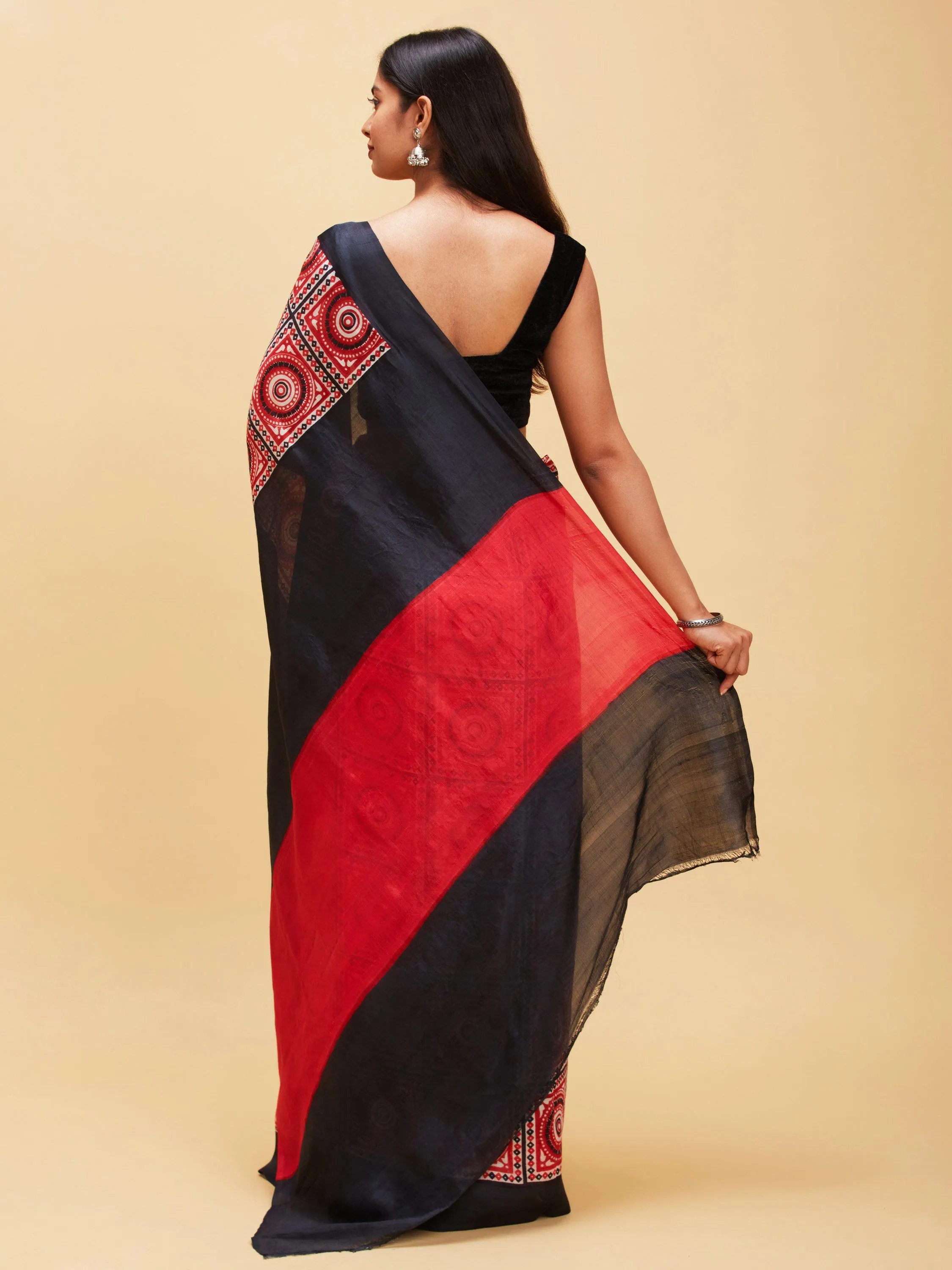 Ajrakh Black and Red Pure Silk Saree