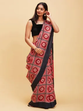 Ajrakh Black and Red Pure Silk Saree