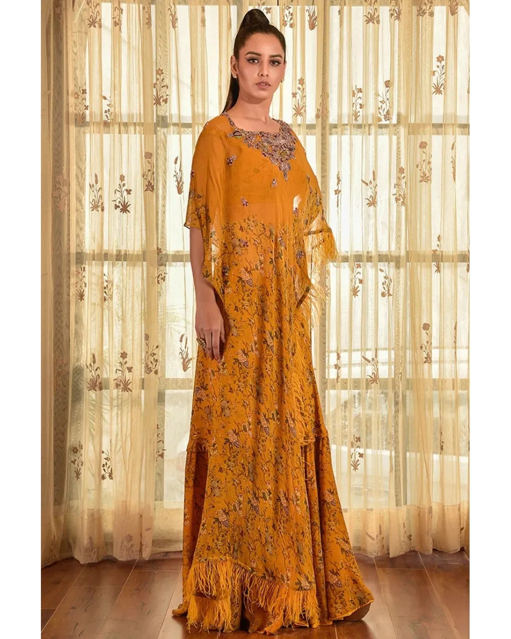 Alaina Printed Chiffon Gharara Set With Cape