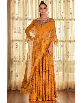 Alaina Printed Chiffon Gharara Set With Cape