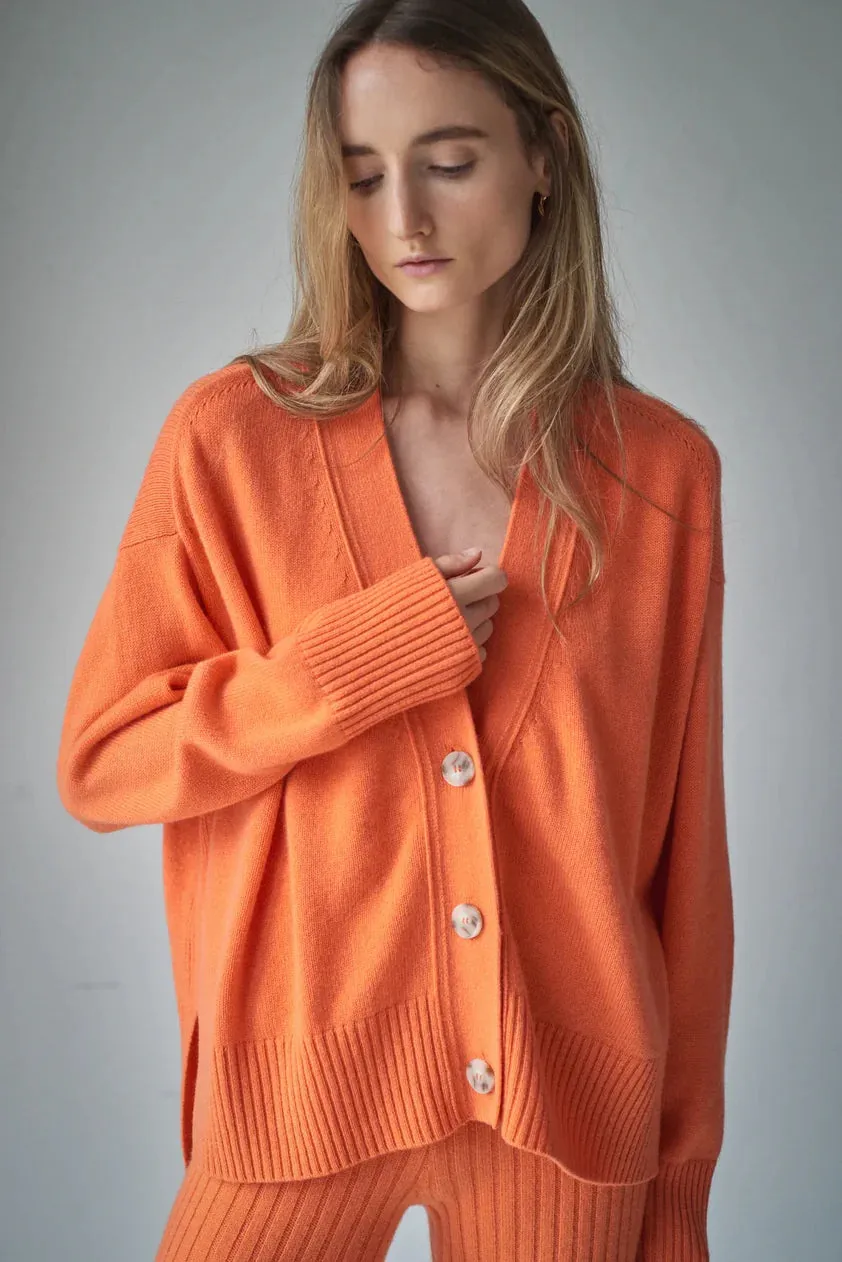 Aleger Cashmere Hi Low Boyfriend Cardigan in Orange Peel