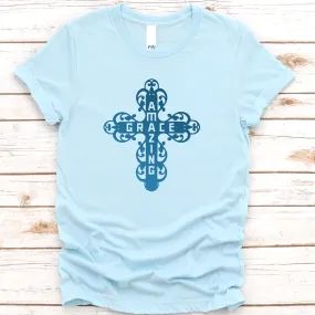 Amazing Grace Filigree Cross T-Shirt - Light Blue Colors