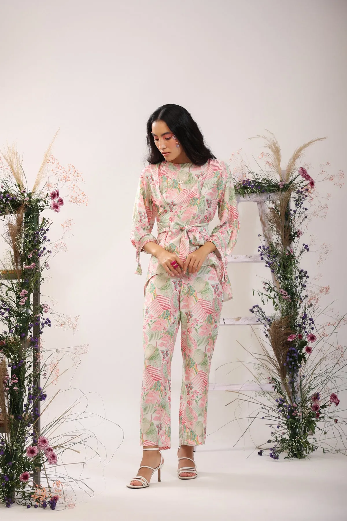 Autumn Bloom Muslin Silk White Co-ord Set