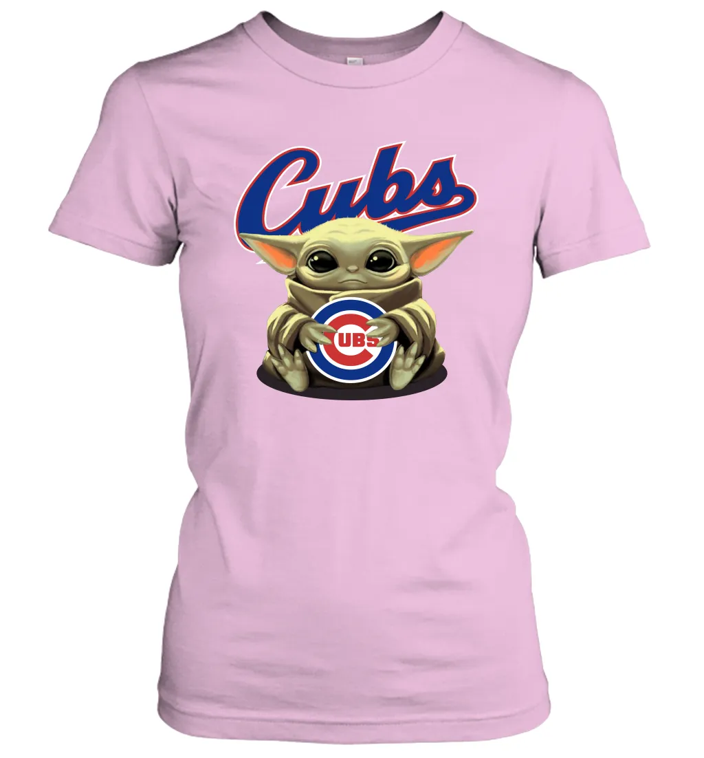 Baby Yoda Hugs Loves The Chicago Cubs Baseball Womens T-Shirt