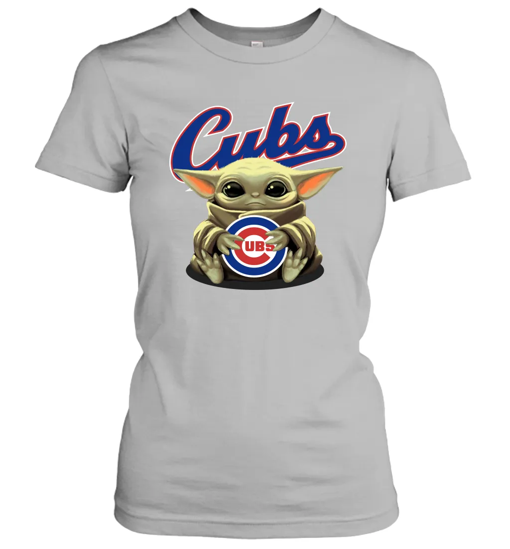 Baby Yoda Hugs Loves The Chicago Cubs Baseball Womens T-Shirt