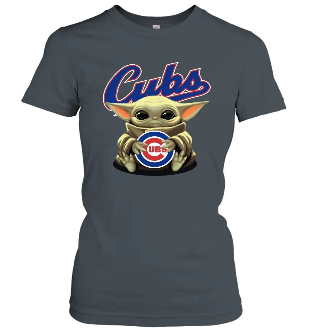 Baby Yoda Hugs Loves The Chicago Cubs Baseball Womens T-Shirt