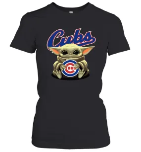 Baby Yoda Hugs Loves The Chicago Cubs Baseball Womens T-Shirt