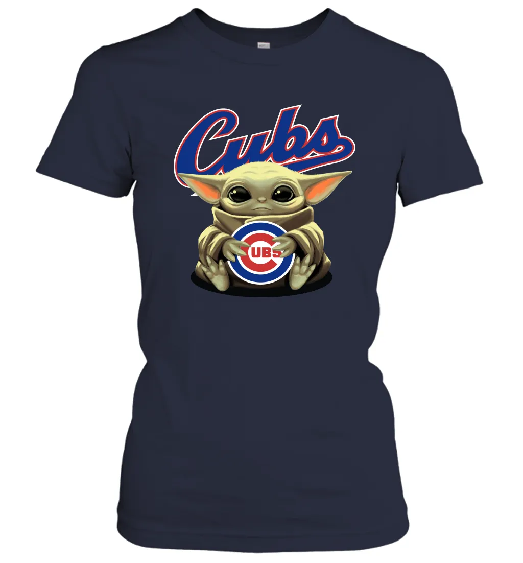 Baby Yoda Hugs Loves The Chicago Cubs Baseball Womens T-Shirt