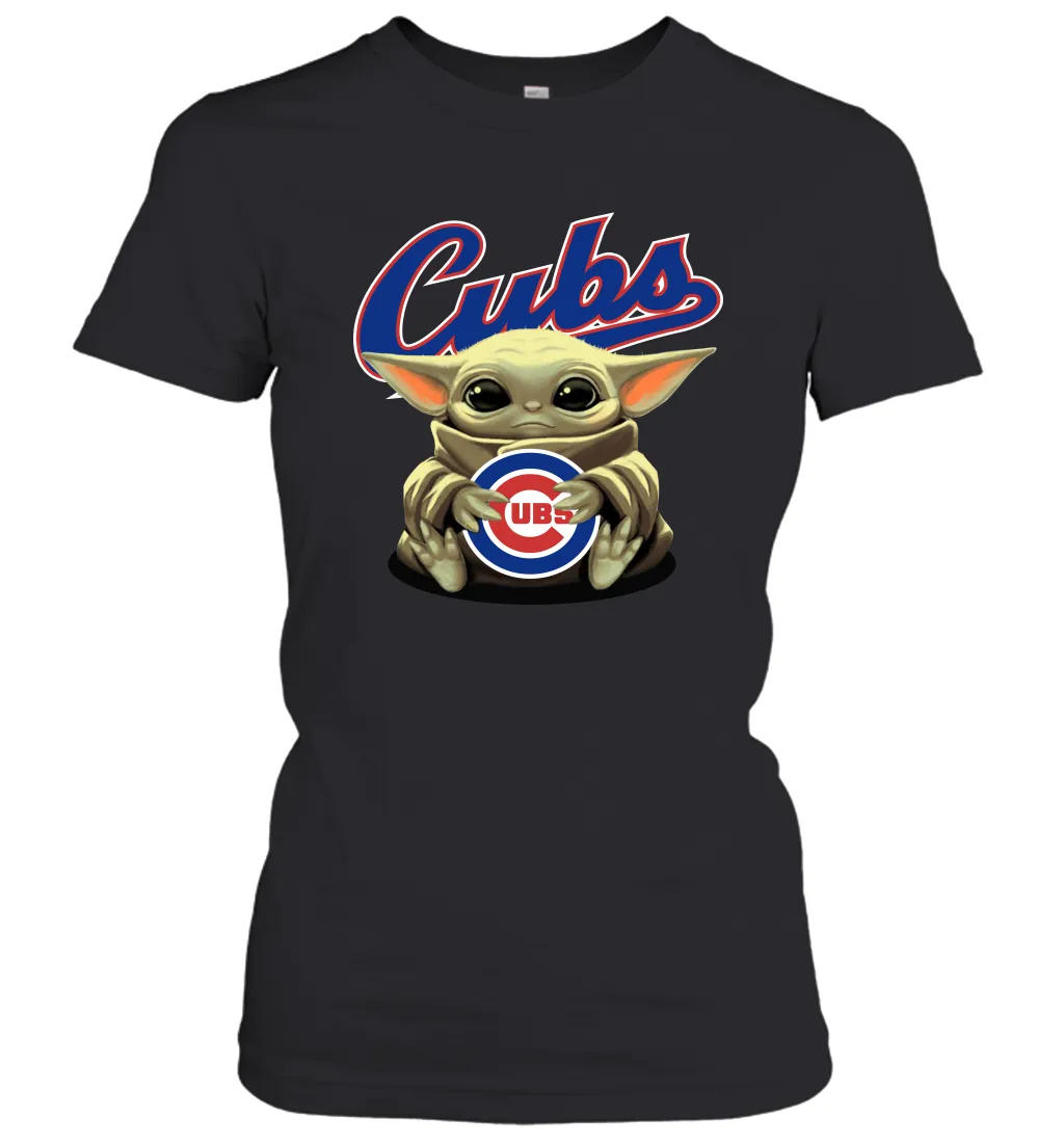 Baby Yoda Hugs Loves The Chicago Cubs Baseball Womens T-Shirt