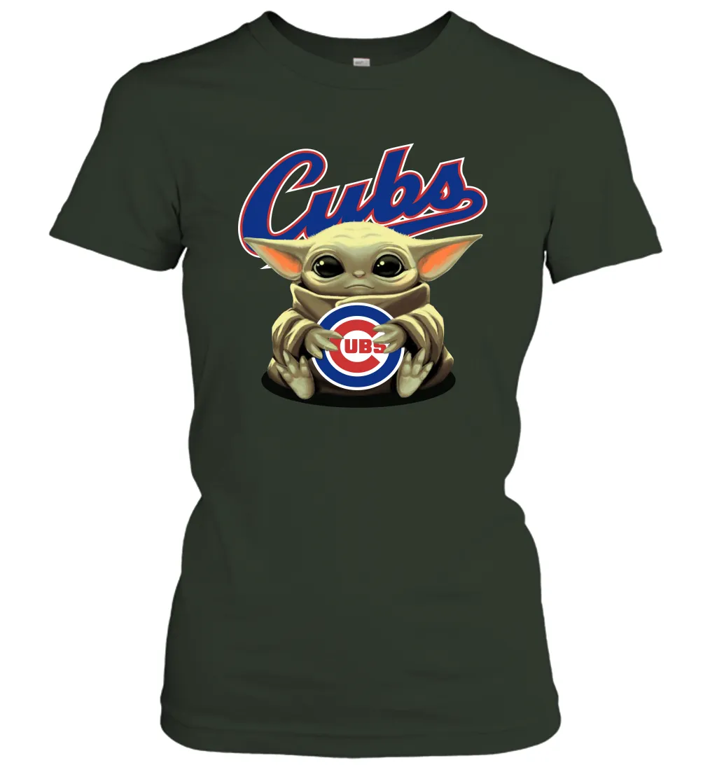 Baby Yoda Hugs Loves The Chicago Cubs Baseball Womens T-Shirt