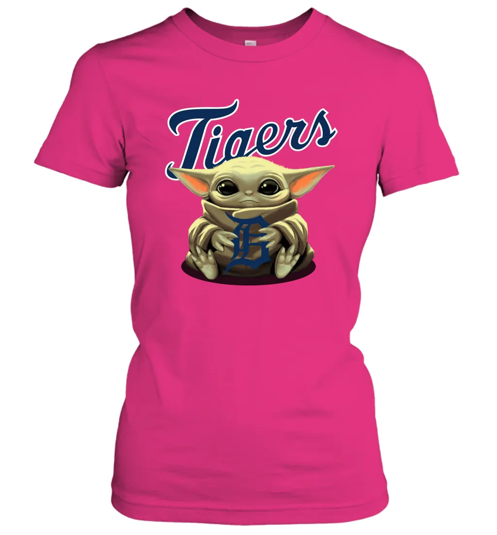 Baby Yoda Hugs Loves The Detroit Tigers Baseball Womens T-Shirt