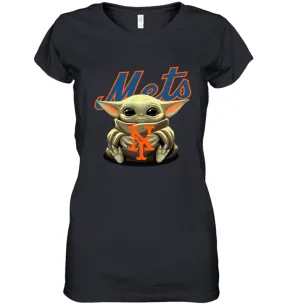 Baby Yoda Hugs Loves The New York Mets Baseball Womens V-Neck T-Shirt