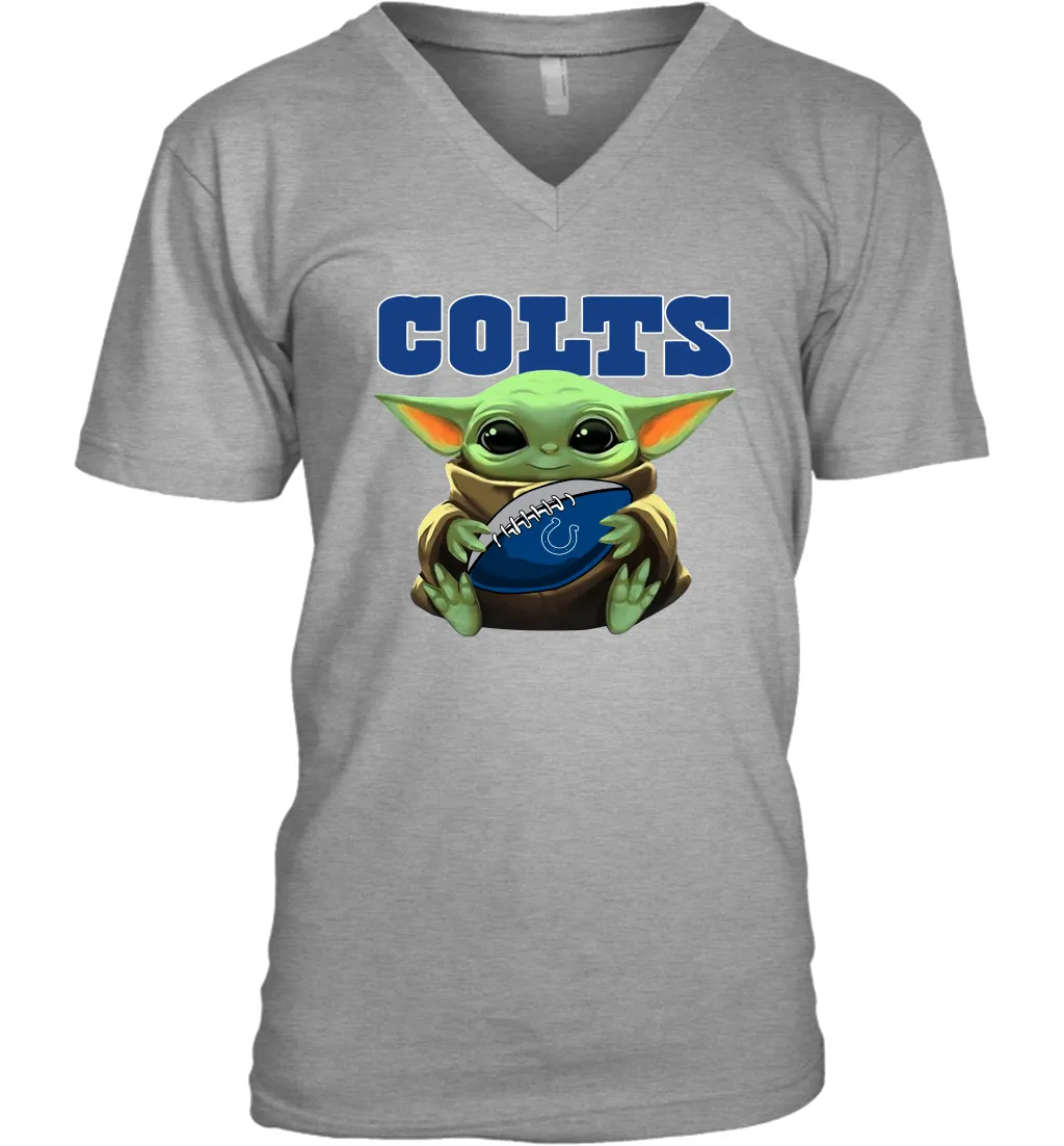 Baby Yoda Loves The Indianapolis Colts Star Wars Baby Yoda Hugs Colts NFL Mens V-Neck T-Shirt