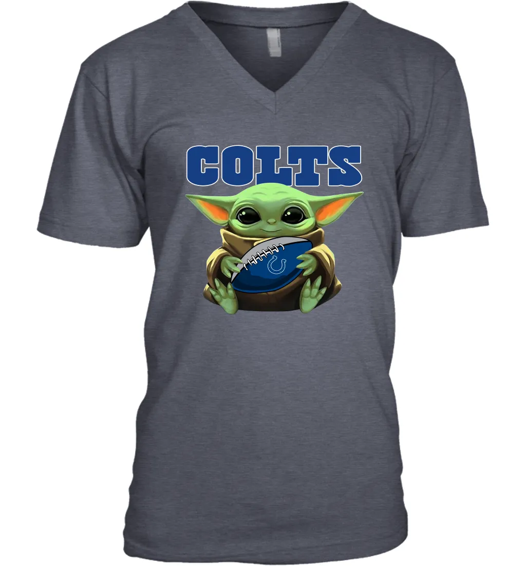 Baby Yoda Loves The Indianapolis Colts Star Wars Baby Yoda Hugs Colts NFL Mens V-Neck T-Shirt