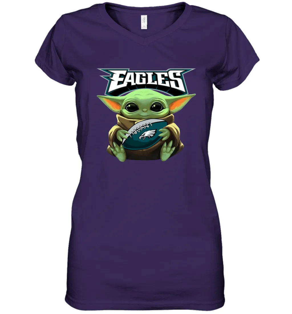 Baby Yoda Loves The Philadelphia Eagles Star Wars Baby Yoda Hugs Eagles NFL Womens V-Neck T-Shirt