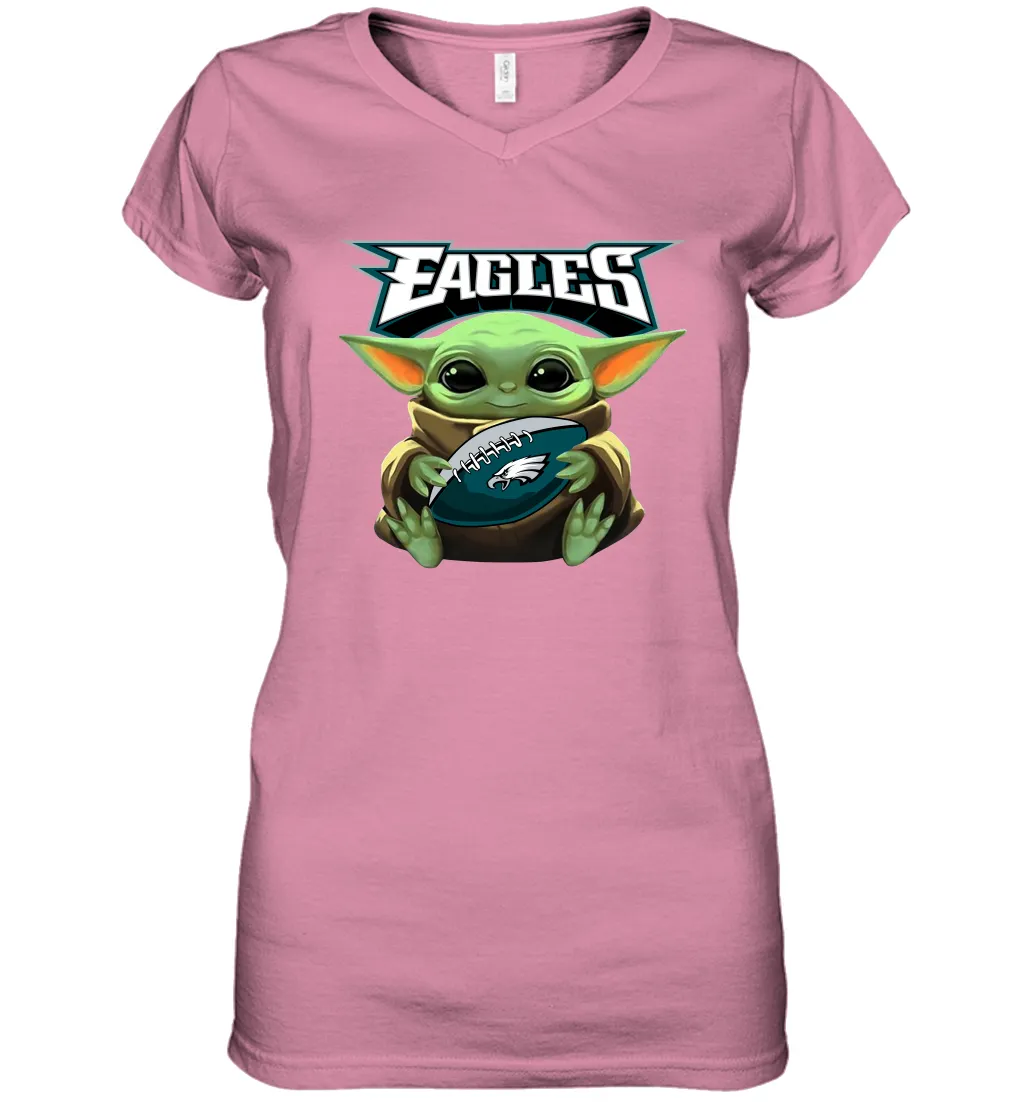 Baby Yoda Loves The Philadelphia Eagles Star Wars Baby Yoda Hugs Eagles NFL Womens V-Neck T-Shirt