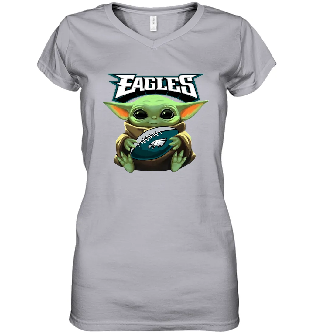 Baby Yoda Loves The Philadelphia Eagles Star Wars Baby Yoda Hugs Eagles NFL Womens V-Neck T-Shirt