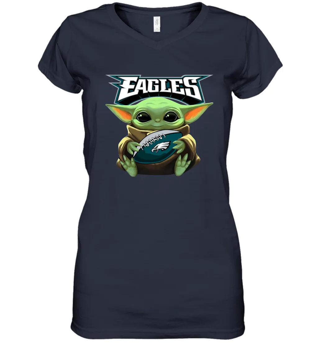 Baby Yoda Loves The Philadelphia Eagles Star Wars Baby Yoda Hugs Eagles NFL Womens V-Neck T-Shirt