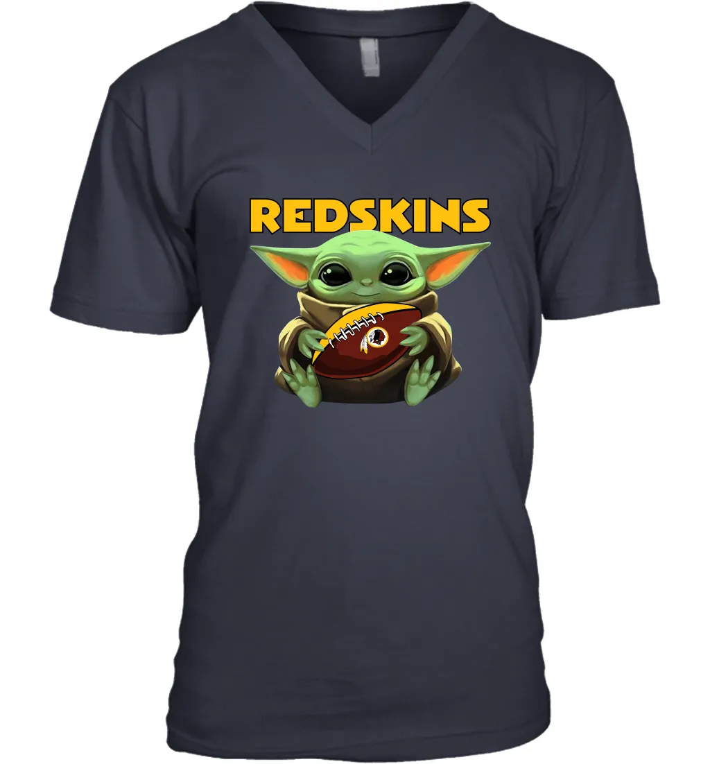 Baby Yoda Loves The Washington Redskins Star Wars Baby Yoda Hugs Redskins NFL Mens V-Neck T-Shirt