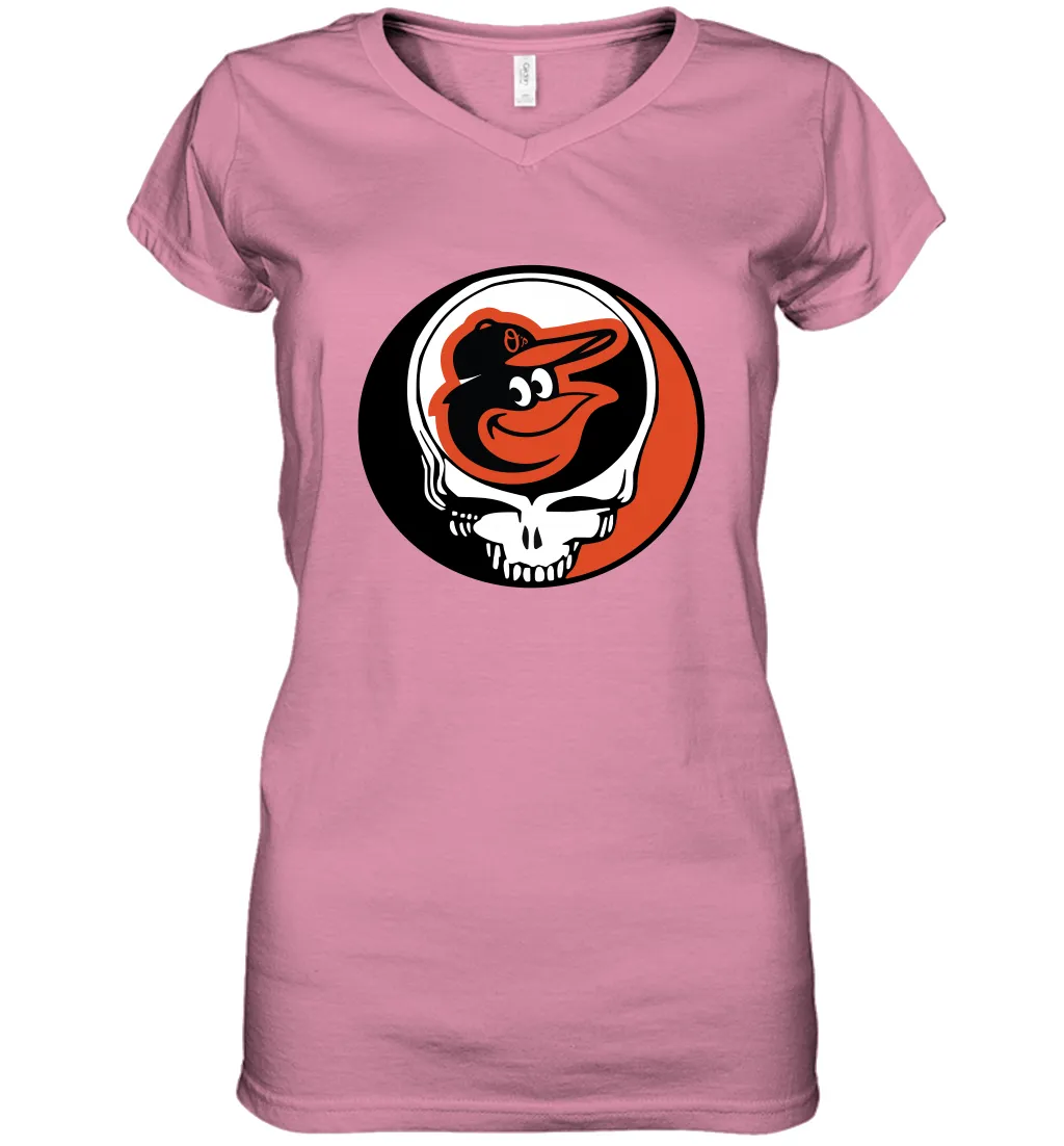 Baltimore Orioles Grateful Dead Steal Your Face Baseball Womens V-Neck T-Shirt