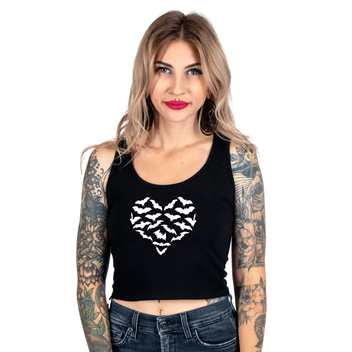 Batty Heart Black Cropped Tank Top