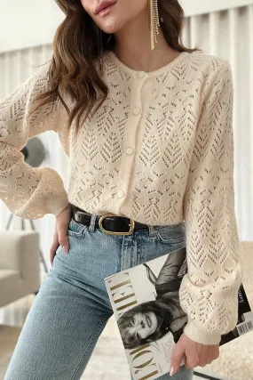 Beige Hollow Out Knit Buttoned Cardigan Top