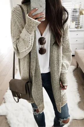 Beige Plaid Knitted Open Front Cardigan