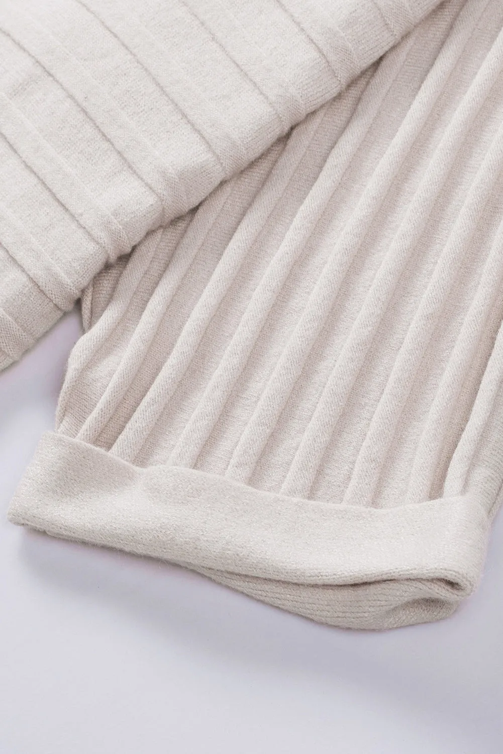 Beige Ribbed Open Front Knit Cardigan