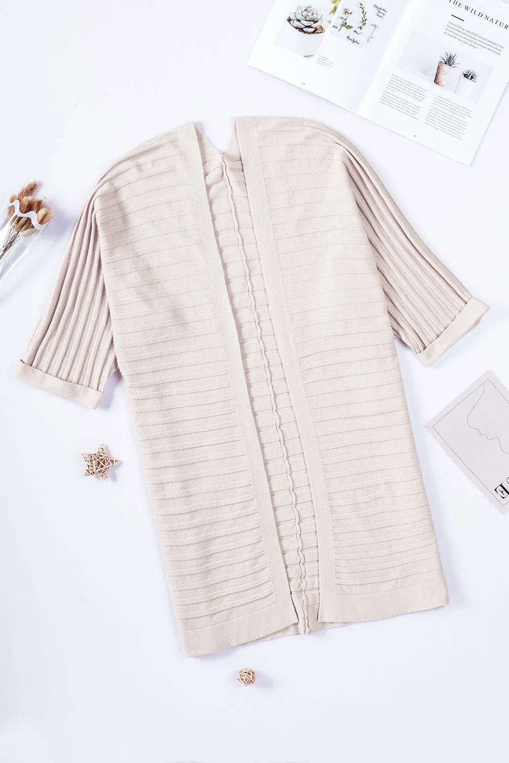 Beige Ribbed Open Front Knit Cardigan