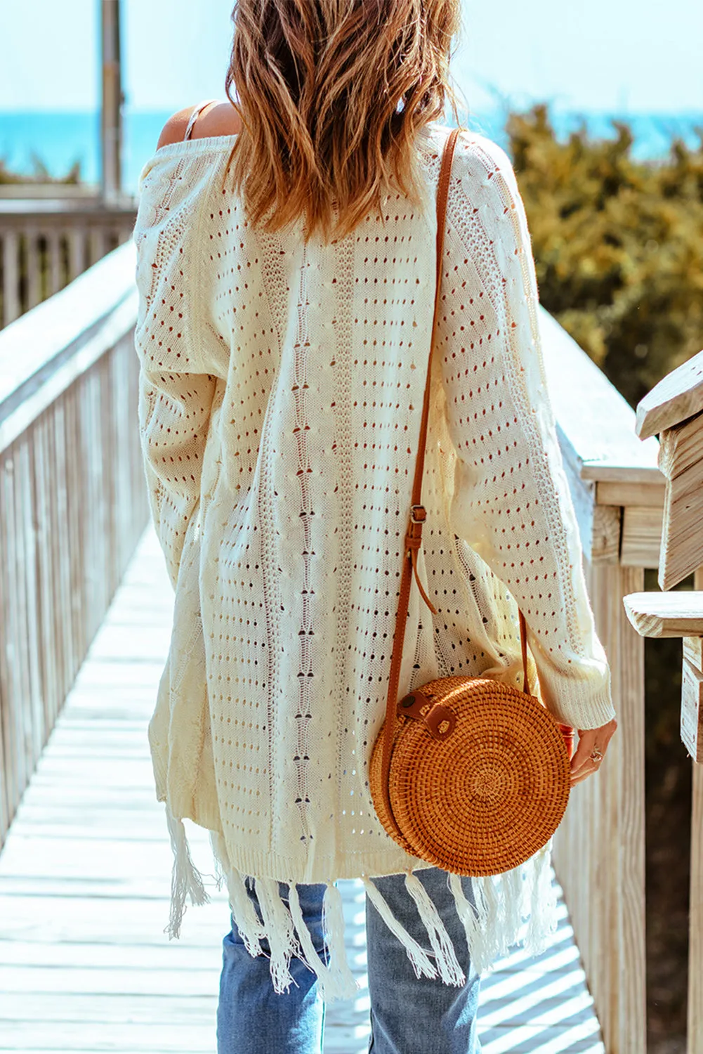 Beige Tasseled Hollow-Out Cable Knit Cardigan