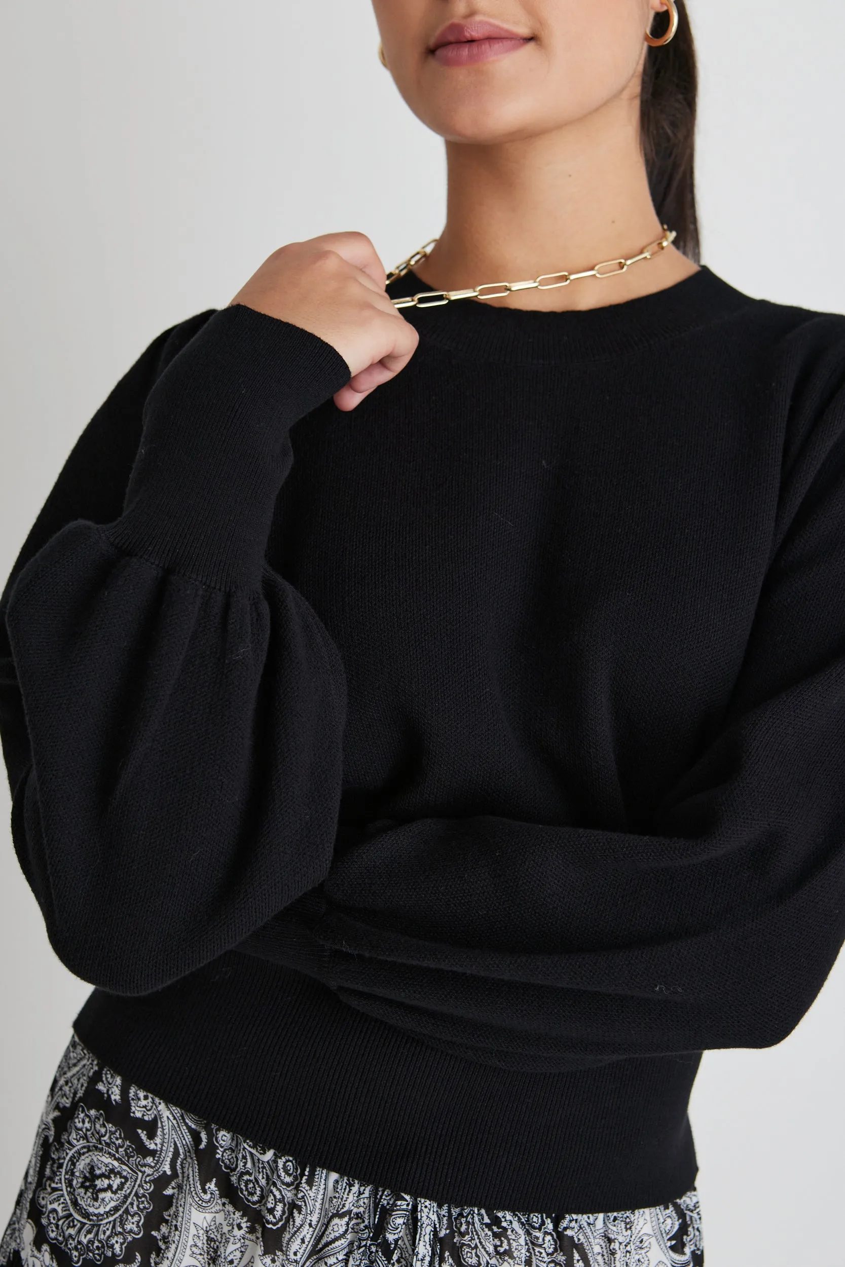 Belladonna Black Cotton Poet Sleeve Fine Knit Jumper