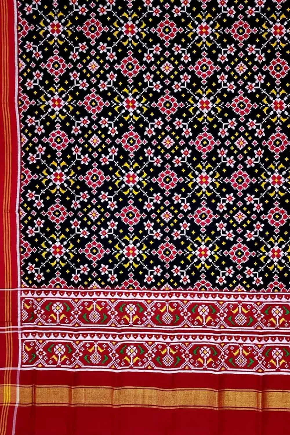 Black Patan Patola Handloom Pure Silk Double Ikat Dupatta