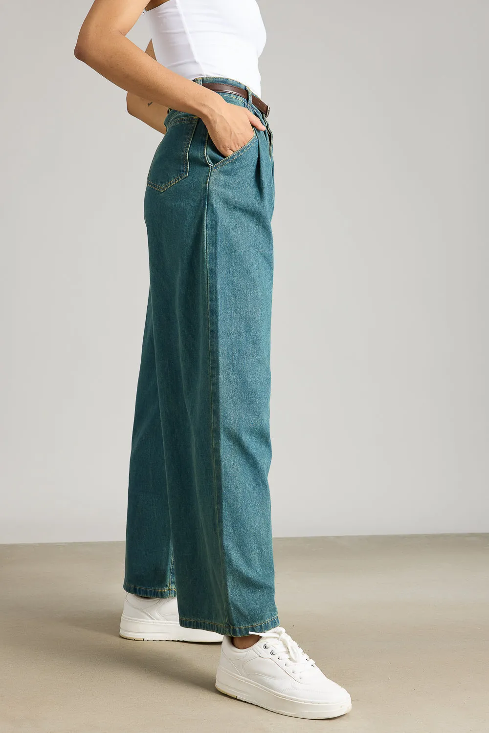 Blue Darted Wide Leg Denim Jeans