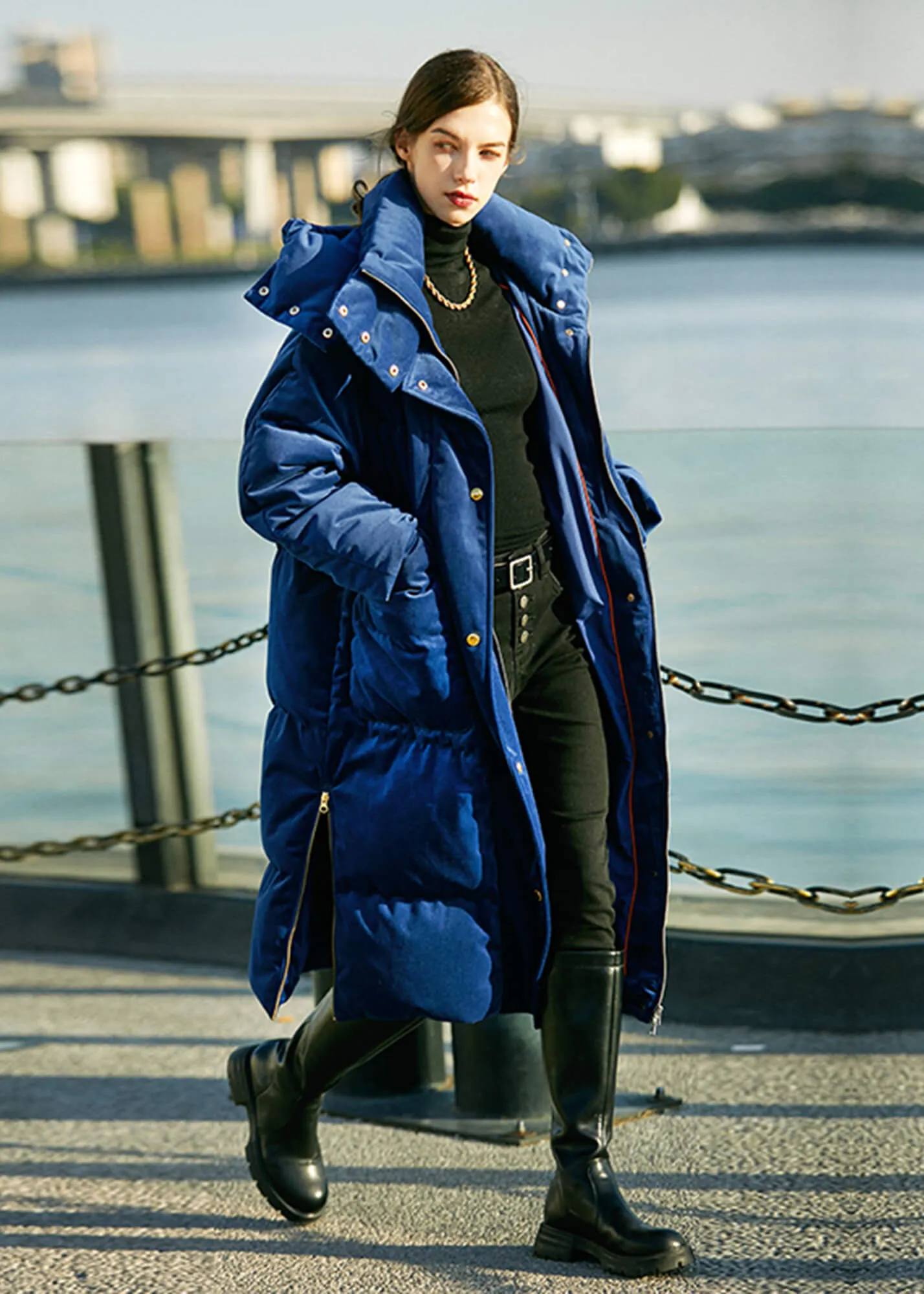 Blue Velvet Hooded Long Down Puffer Parka Coat