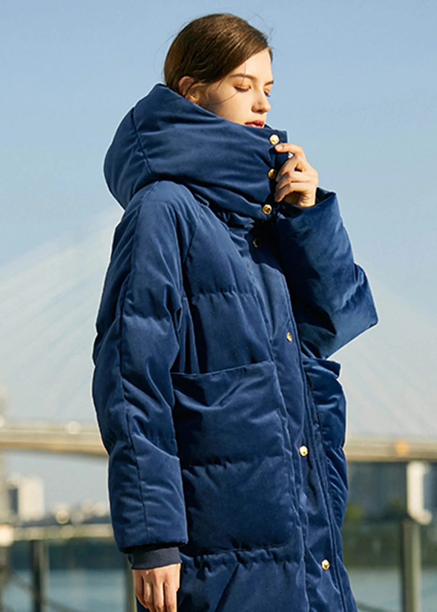 Blue Velvet Hooded Long Down Puffer Parka Coat